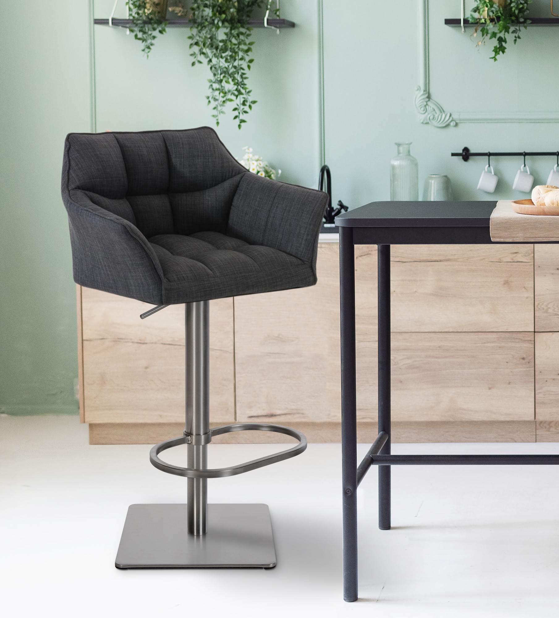 Tabouret de bar Damaso en Tissu Gris foncé Acier inoxydable