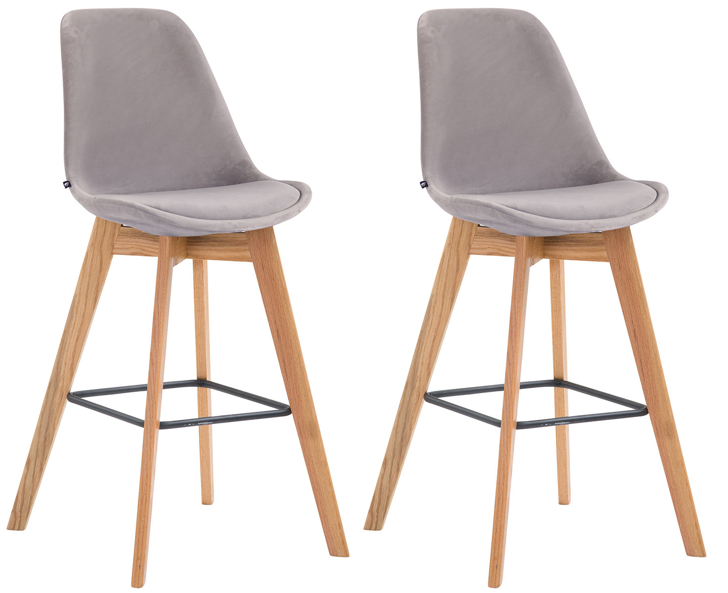 Lot de 2 tabourets de bar Metz en velours Pieds en bois Gris Nature