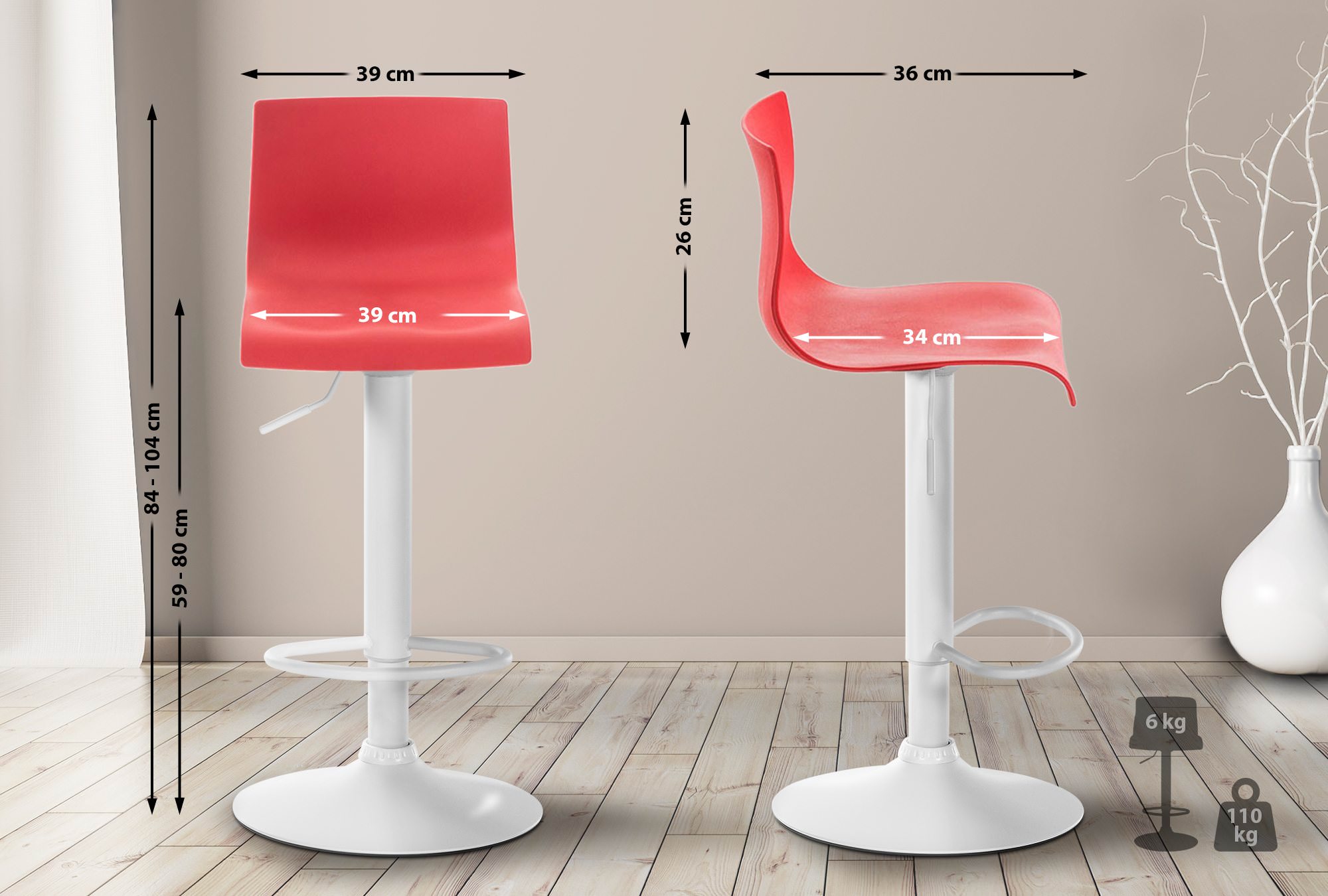 Tabouret de bar Hover Réglable en Hauteur Assise Plastique Métal blanc mat Rouge