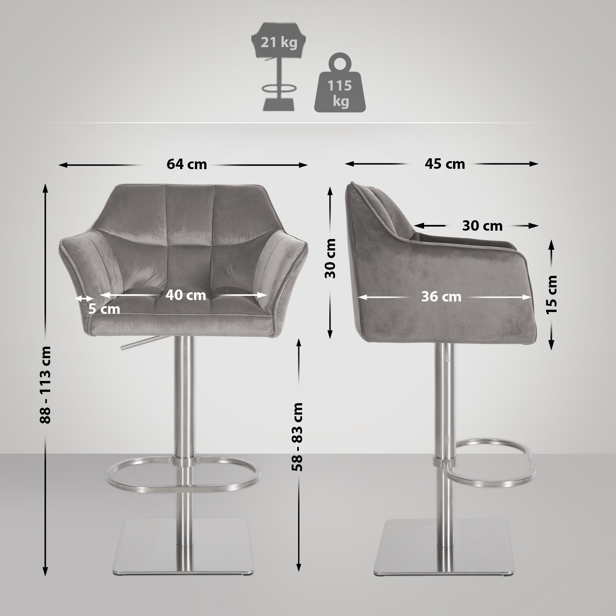 Lot de 2 tabourets de bar Damaso recouverts de velours Acier inoxydable Gris