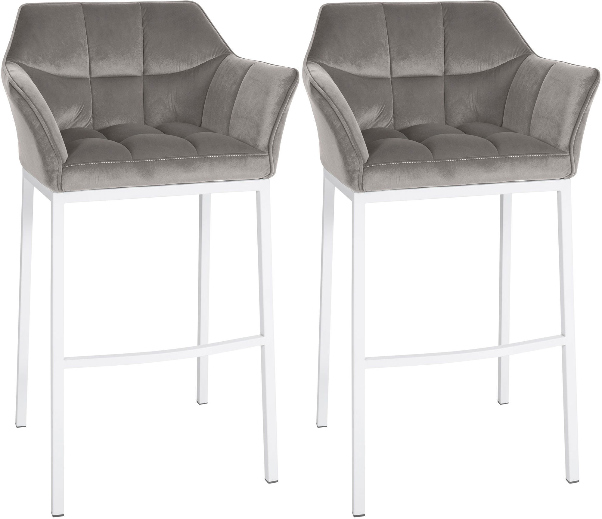 Lot de 2 tabourets de bar Damaso recouverts de velours avec piètement à 4 pieds Métal blanc mat Gris