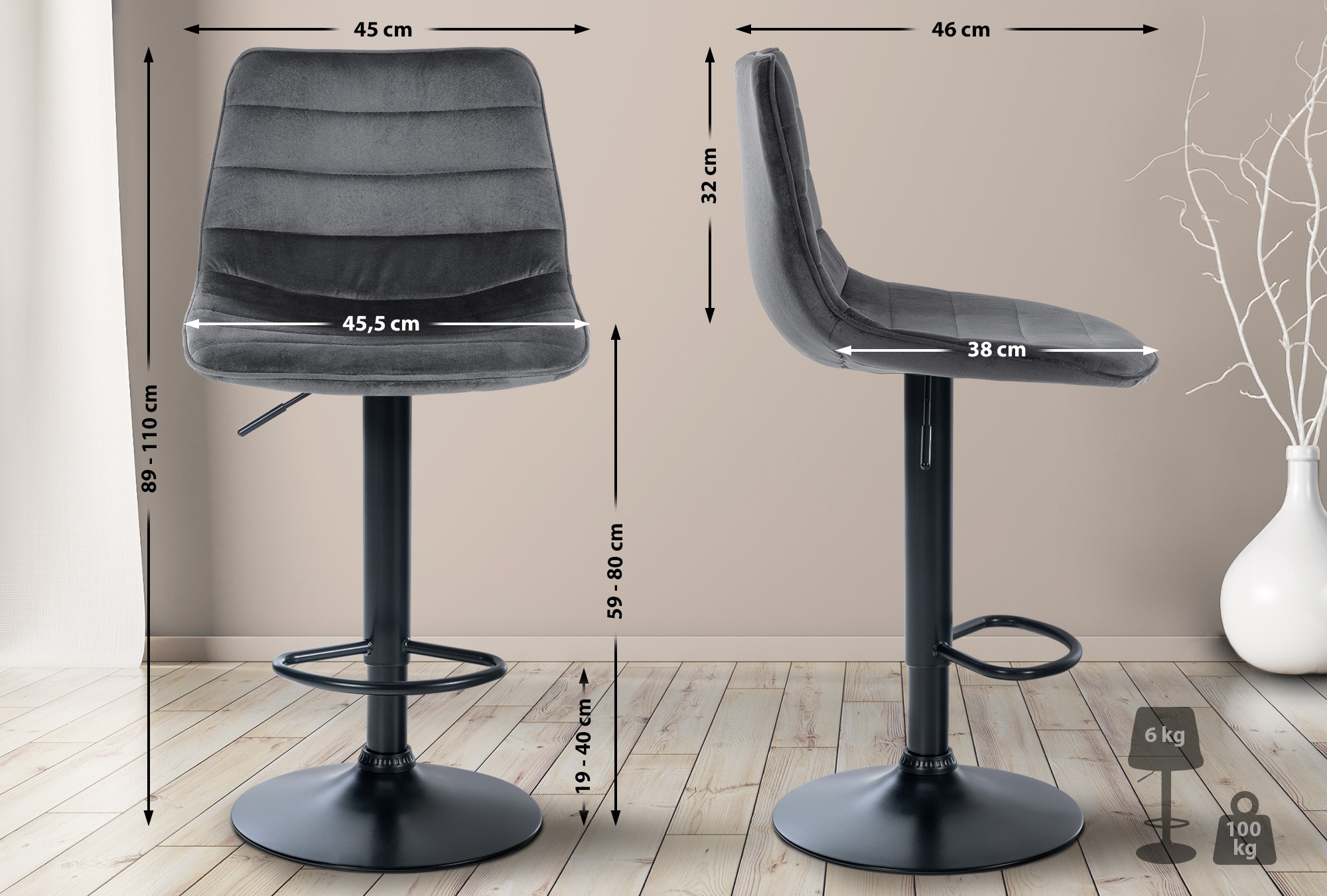 Tabouret de bar Lex en Velours Pied trompette en Métal Gris foncé Noir