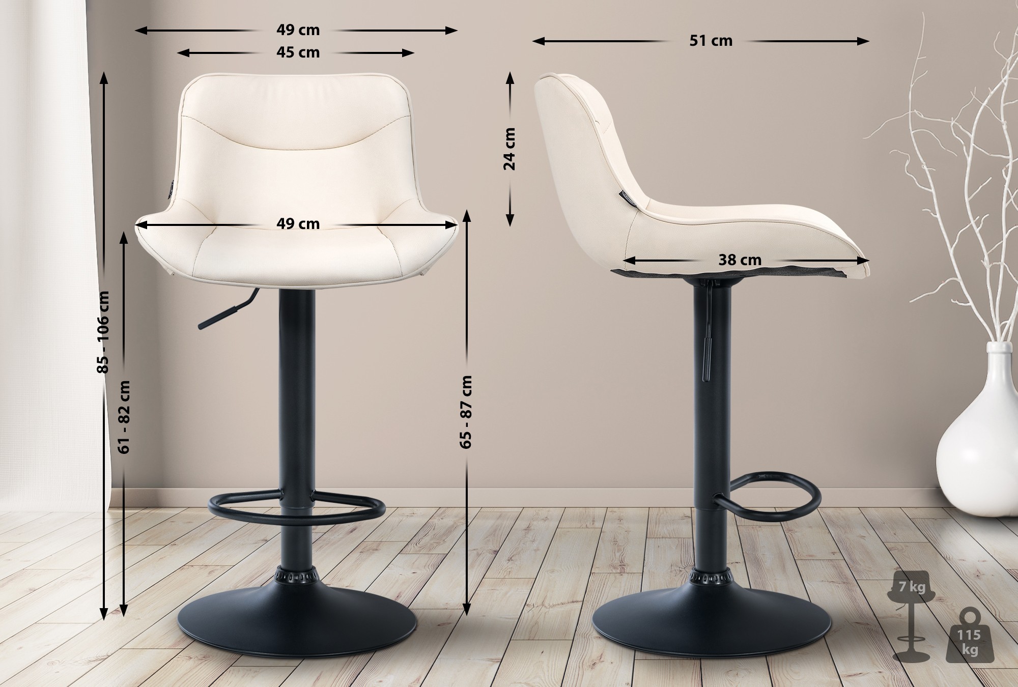 Lot de 2 tabourets de bar Vonore en similicuir Crème Noir