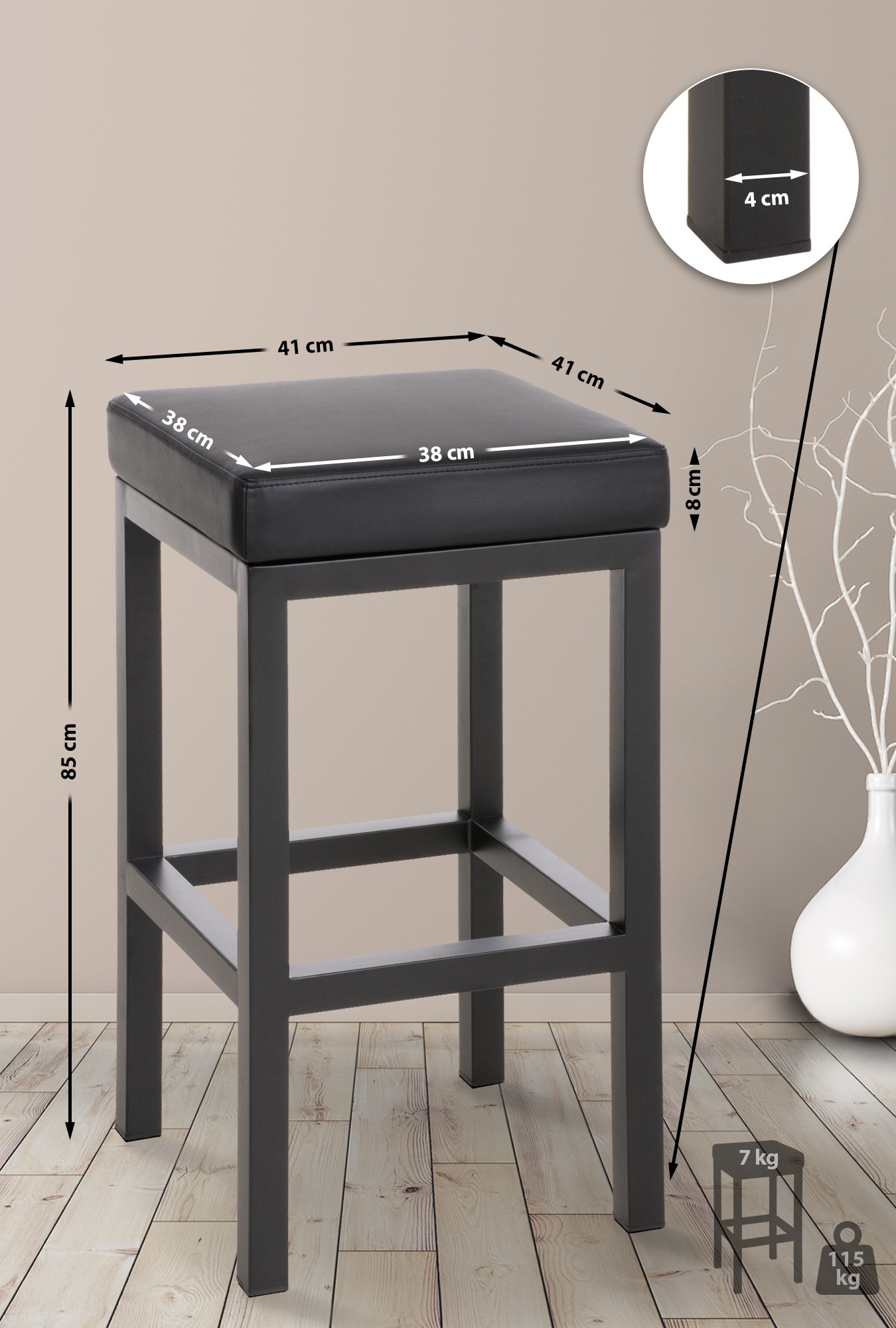 Tabouret de bar Taylor en similicuir, hauteur d'assise 85cm Noir Similicuir