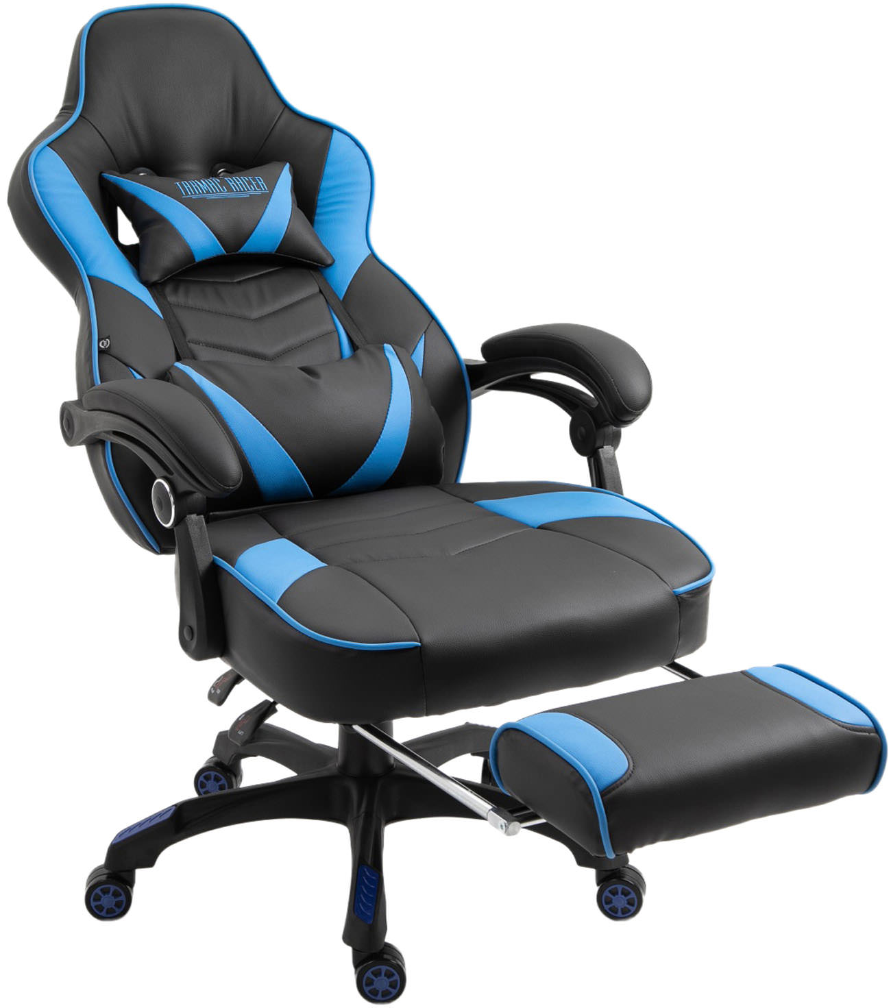 Chaise Gaming / de bureau Tilos en similicuir avec repose-pieds téléscopique Noir / Bleu