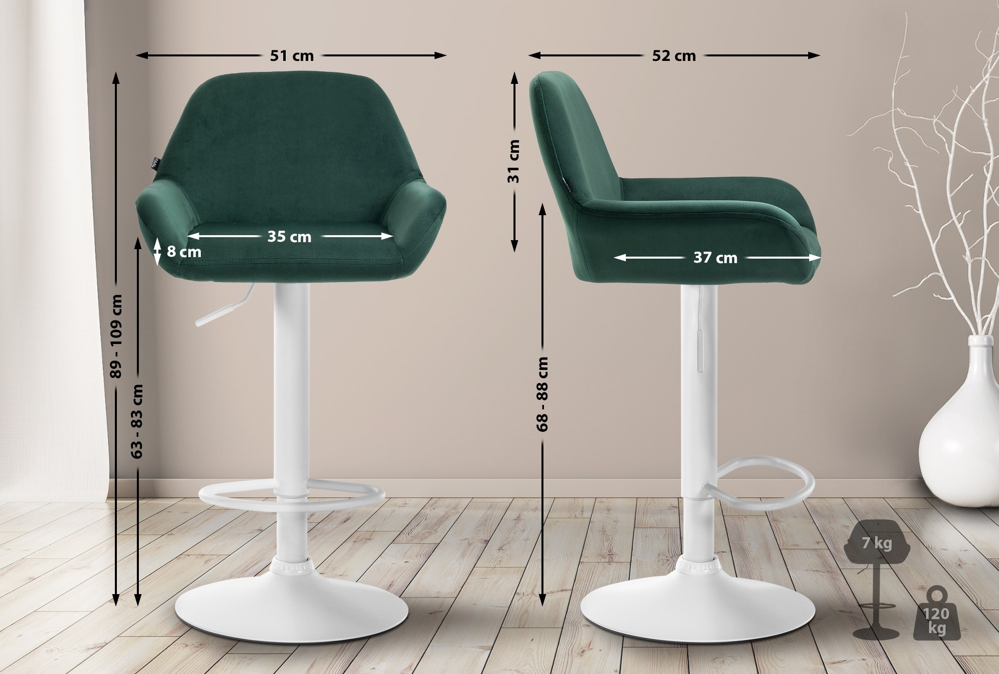 Ensemble de 2 tabourets de bar Braga en velours Métal blanc mat Vert foncé