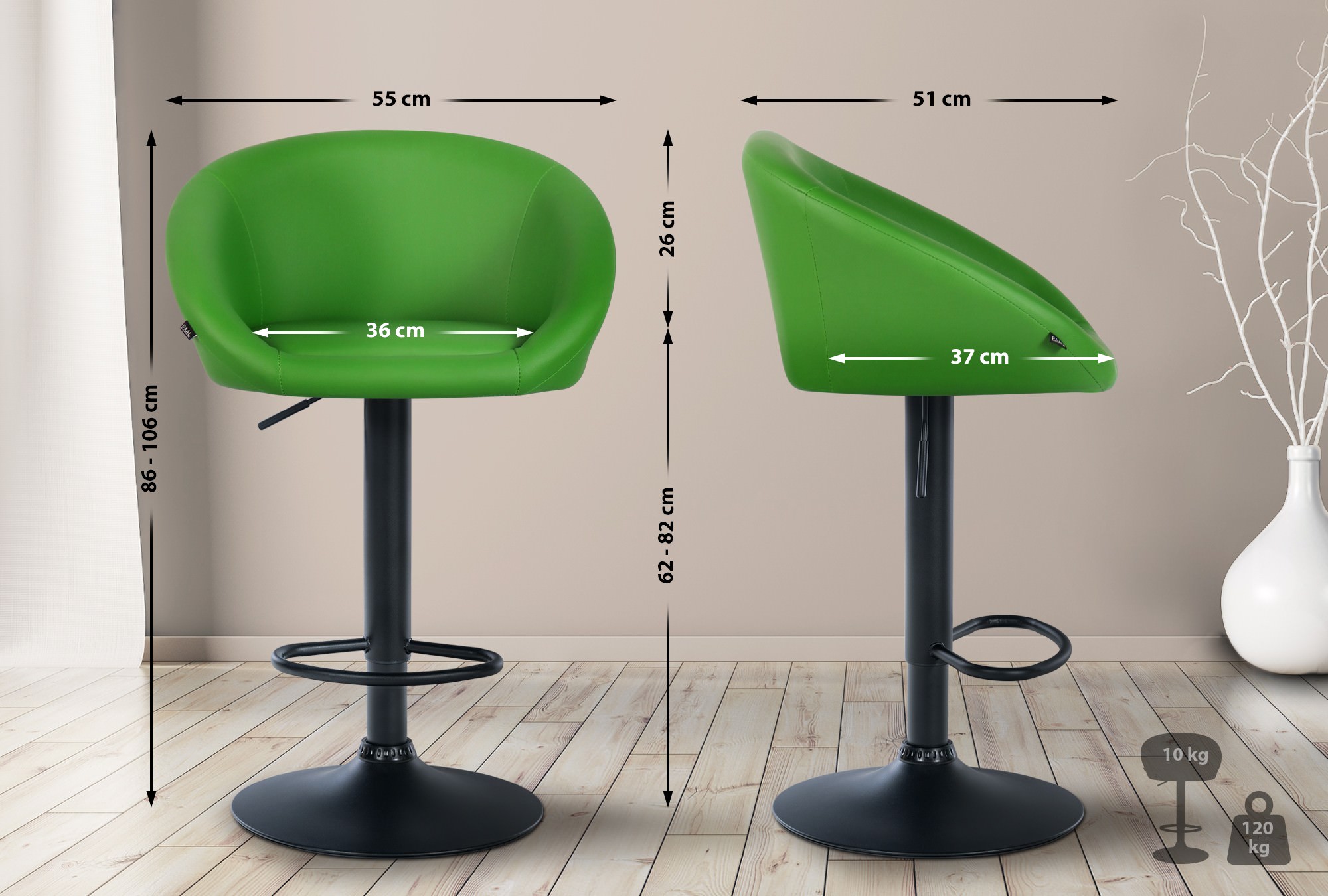 Tabouret de bar Davie similicuir Métal noir mat Vert