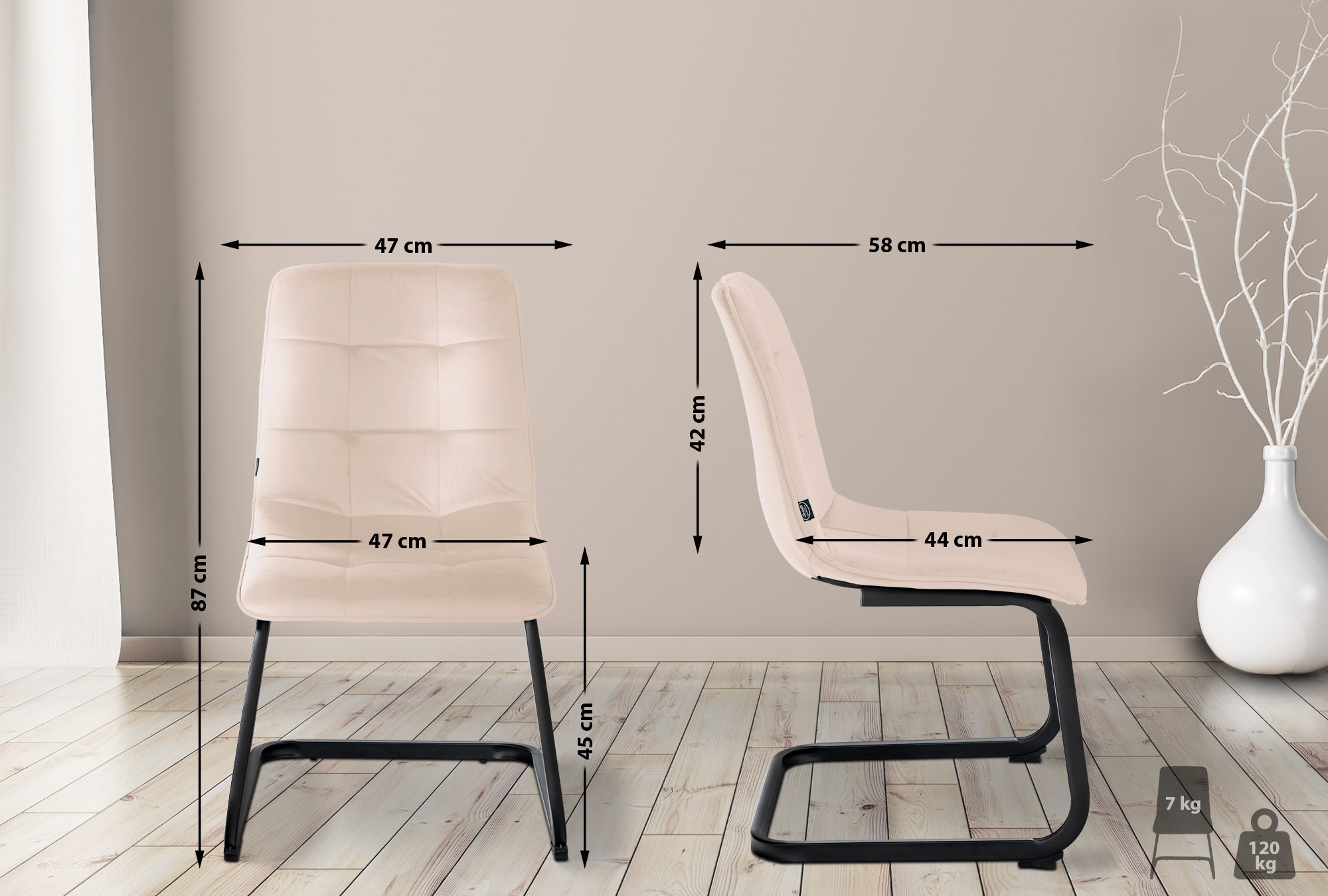 Lot de 2 chaises de salle à manger Vermont velours Crème