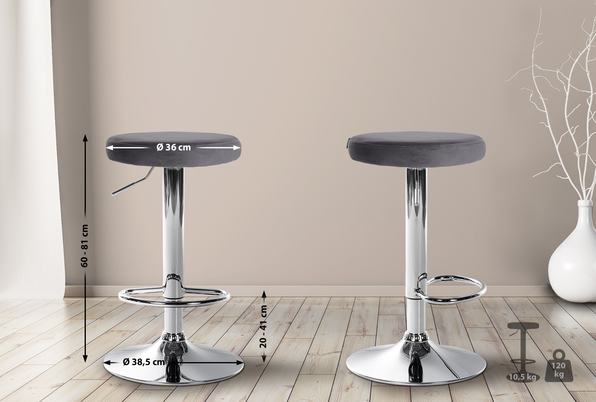 Tabouret de bar Ponte revêtement velours Gris foncé Chrome