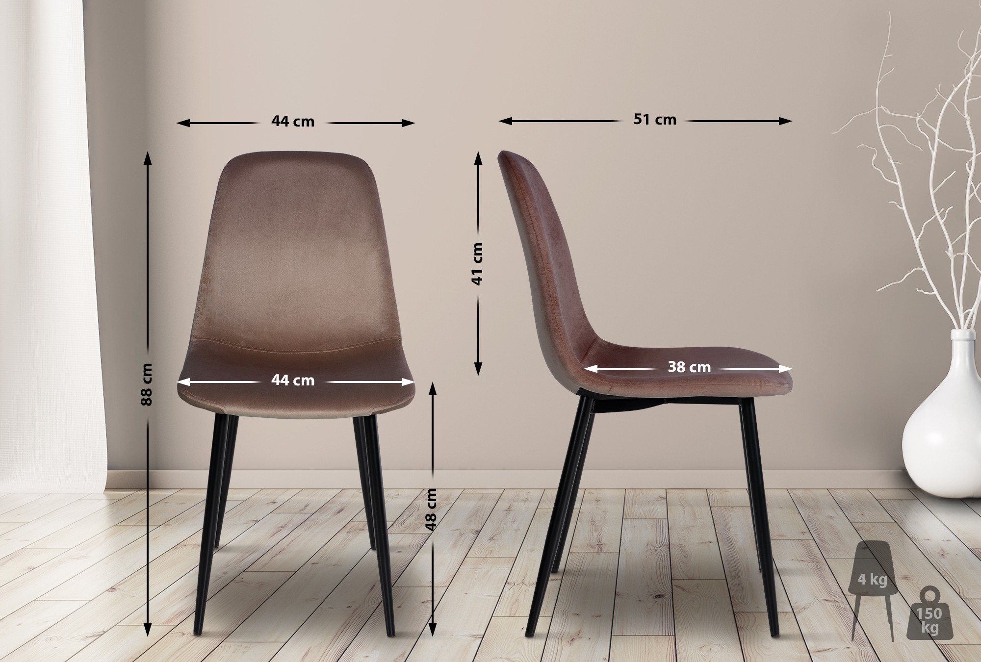 Lot de 4 Chaises de salle à manger Napier avec Piètement en métal noir Marron Velours