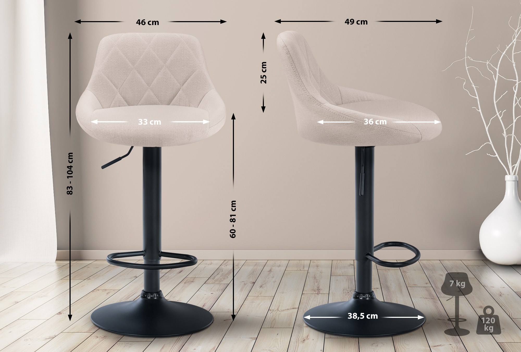 Tabouret de bar Lazio en Tissu Hauteur réglable siège pivotant Crème Noir