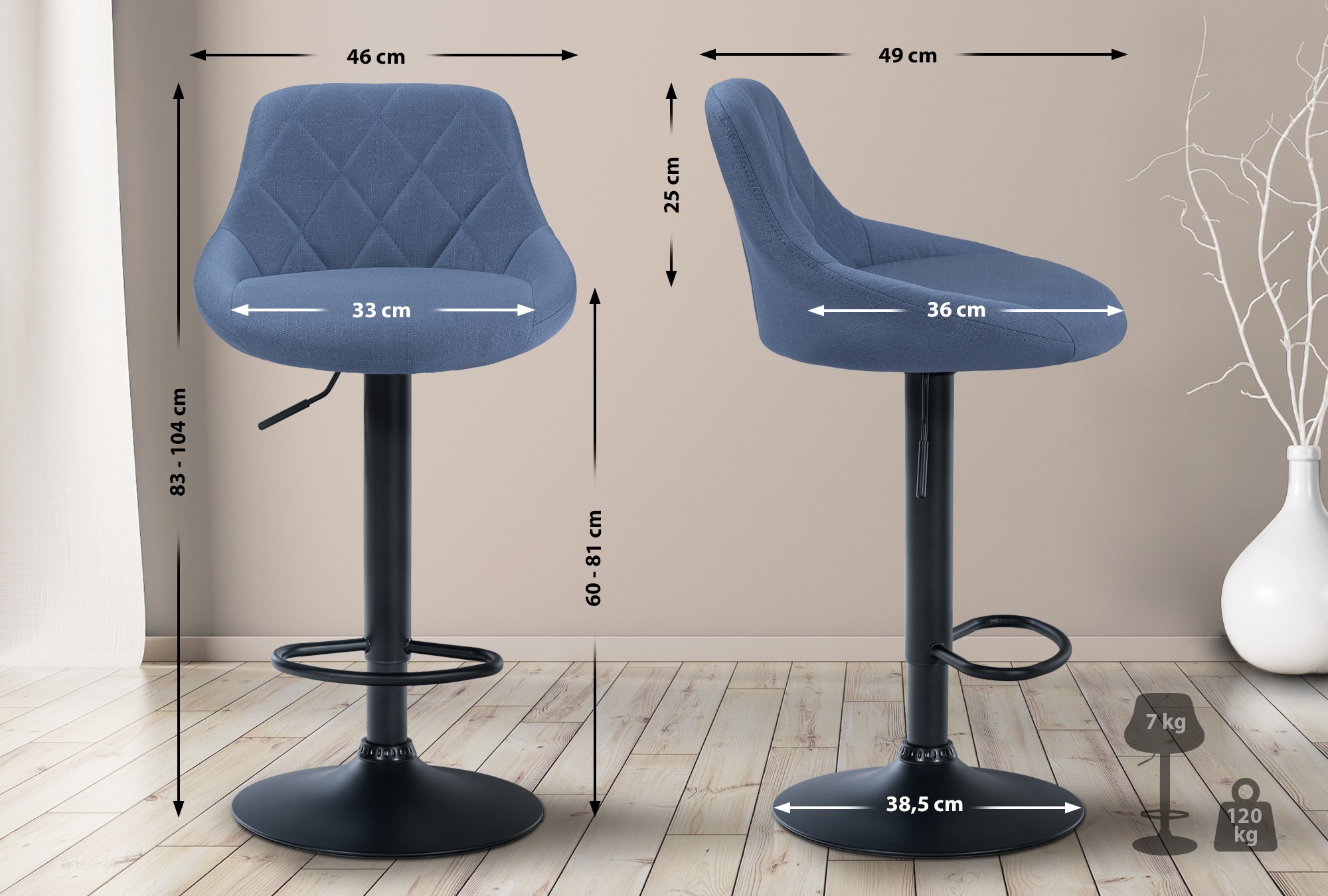 Tabouret de bar Lazio en Tissu Hauteur réglable siège pivotant Bleu Noir