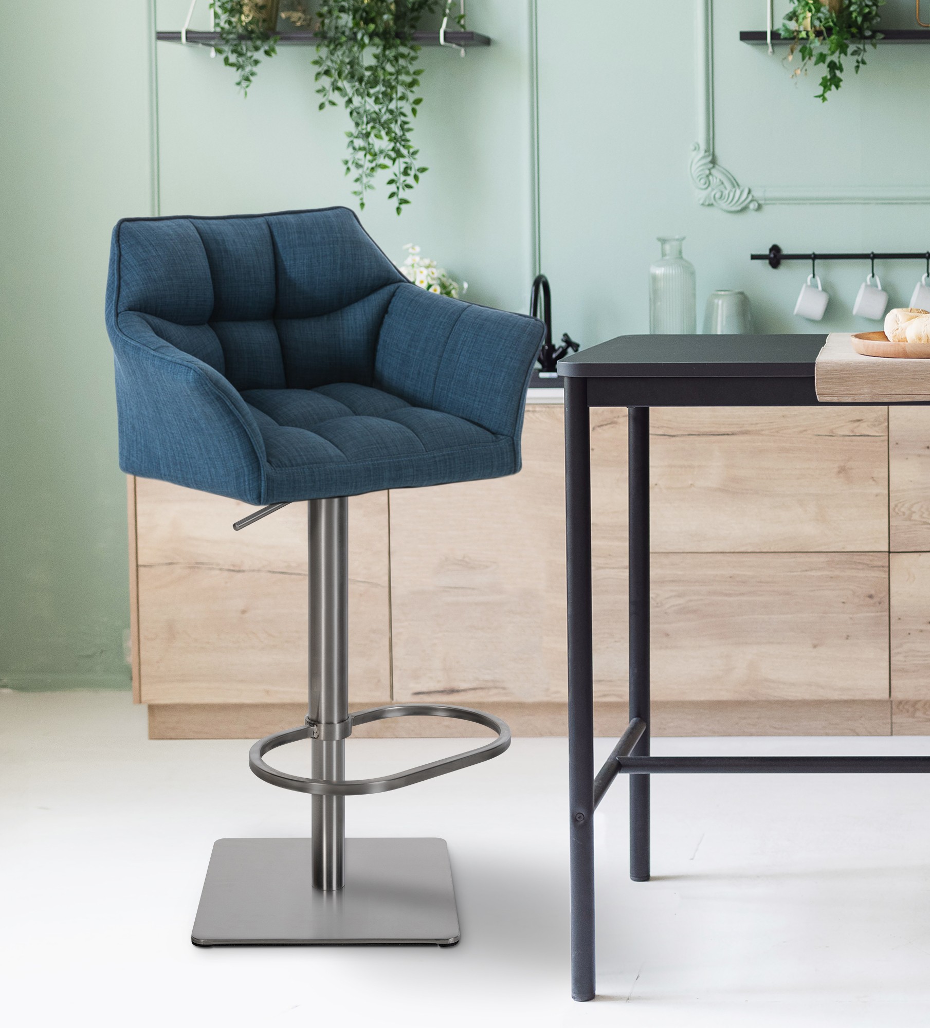 Tabouret de bar Damaso en Tissu Bleu Acier inoxydable