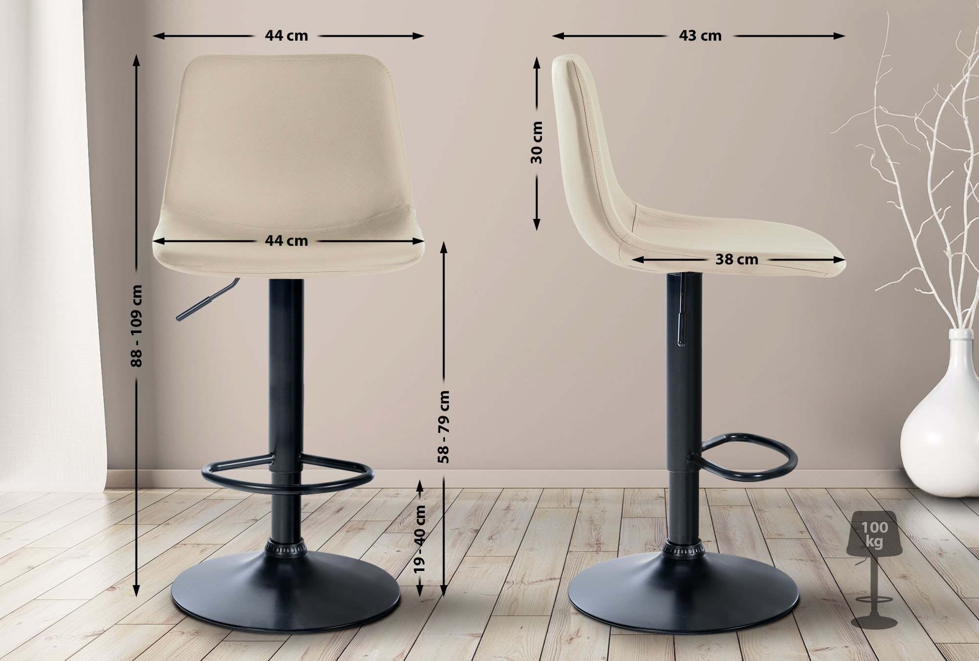 Tabouret de bar Divo en Similicuir Pied trompette en Métal Crème Noir