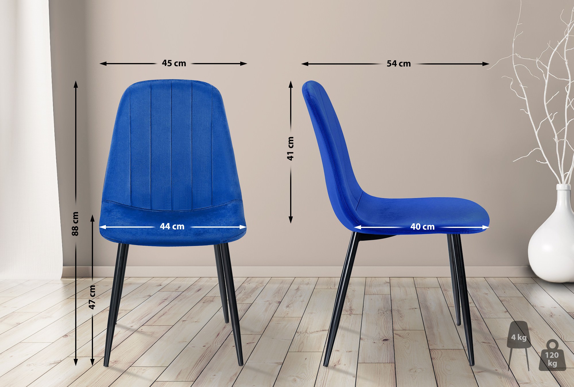 Lot de 4 chaises de salle à manger Baxter velours Bleu