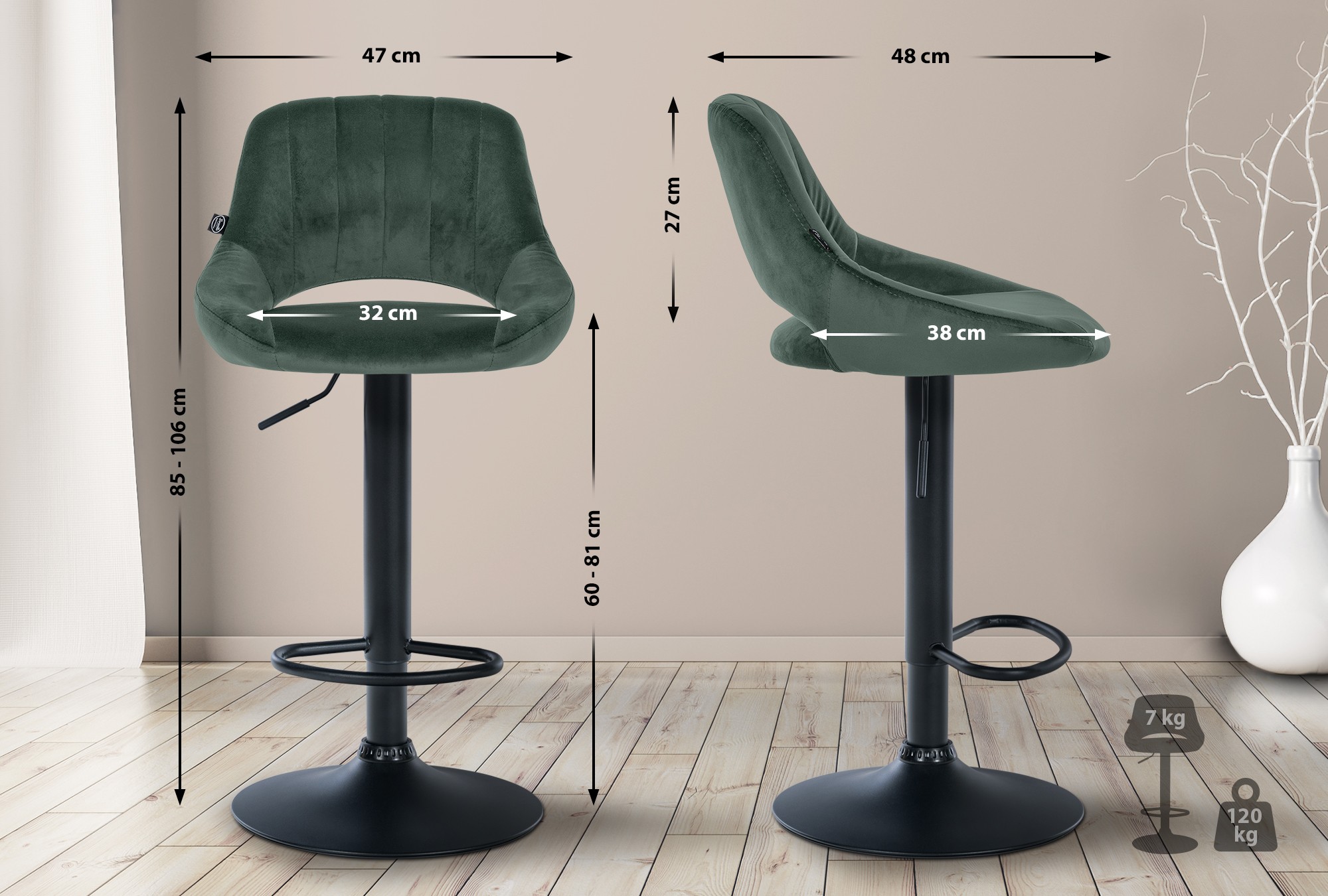 Tabouret de bar Milet velours Vert Noir