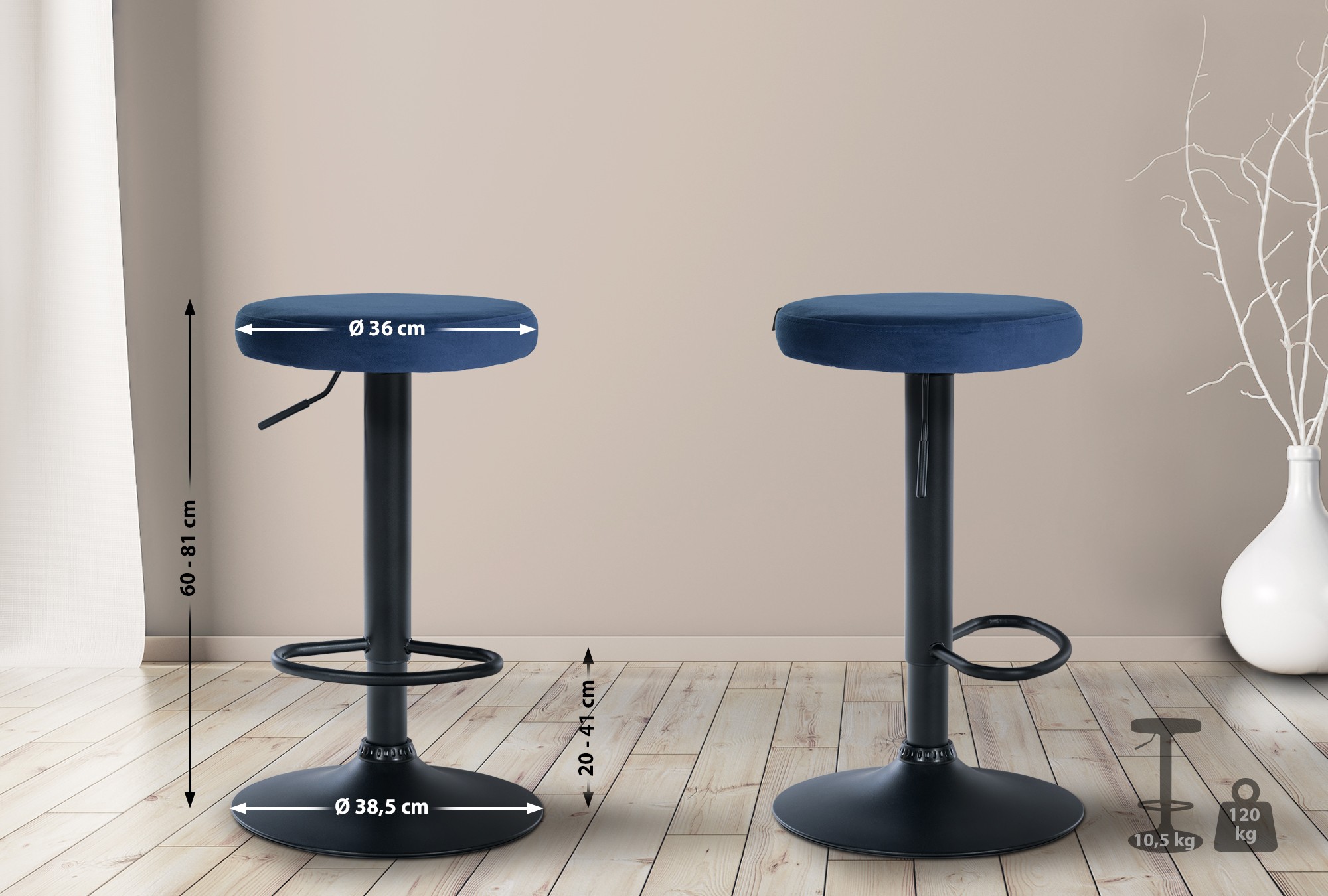 Tabouret de bar Ponte revêtement velours Bleu Noir